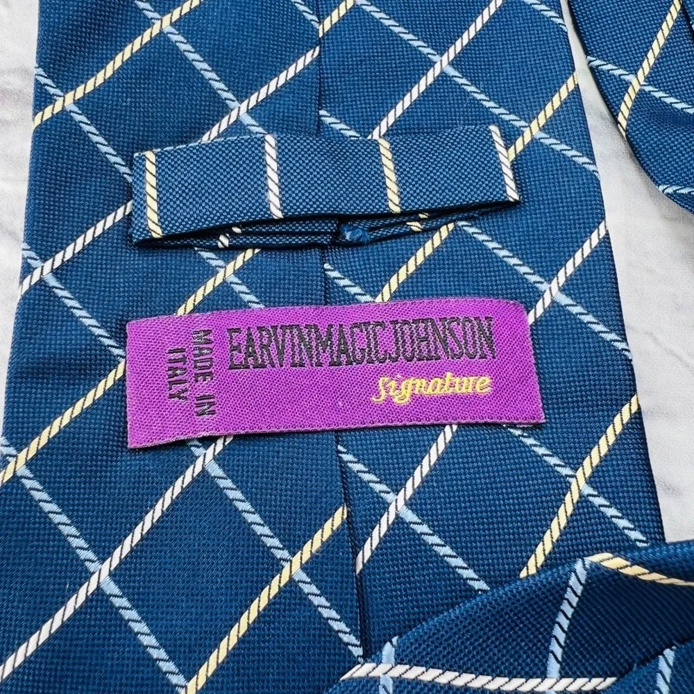 Magic Johnson Signature Silk Necktie Mens Dark Blue Plaid Formal Business Casual